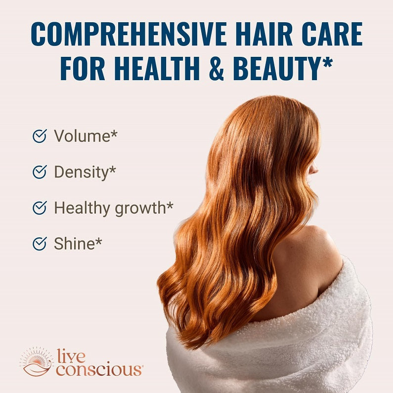 Hair care benefits infographic with wavy auburn hair and live conscious logo, volume & density