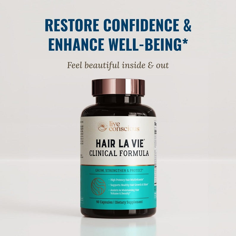 Live Conscious clinical hair formula bottle with teal label and rose-gold cap