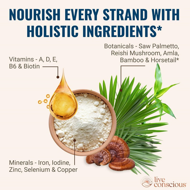 Holistic ingredient graphic with botanical leaves, powders, mushrooms, and live conscious logo