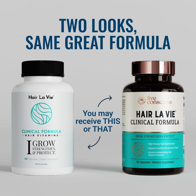 Two hair supplement bottles with black and rose-gold caps, 'same great formula' layout