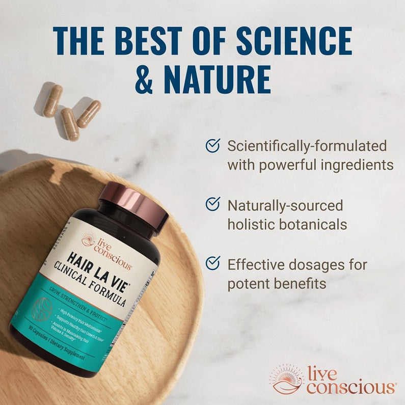 Live Conscious Hair La Vie bottle on wood with 'science & nature' infographic and logo
