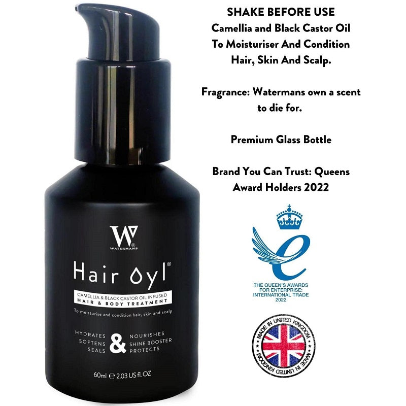 Watermans Hair Oyl hair & body treatment black pump bottle, 60ml, premium glass