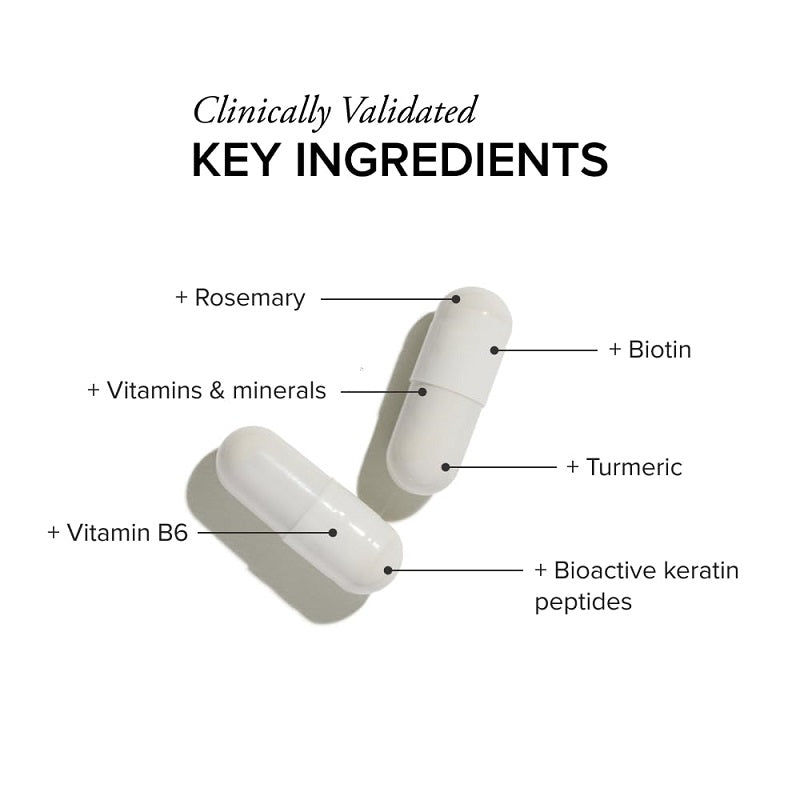 Hair supplement capsule graphic with key ingredients: rosemary, biotin, turmeric, keratin peptides