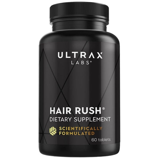 Ultrax Labs Hair Rush dietary supplement bottle, black, 60 tablets