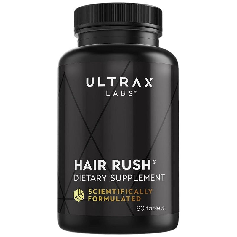 Ultrax Labs Hair Rush dietary supplement bottle, black, 60 tablets