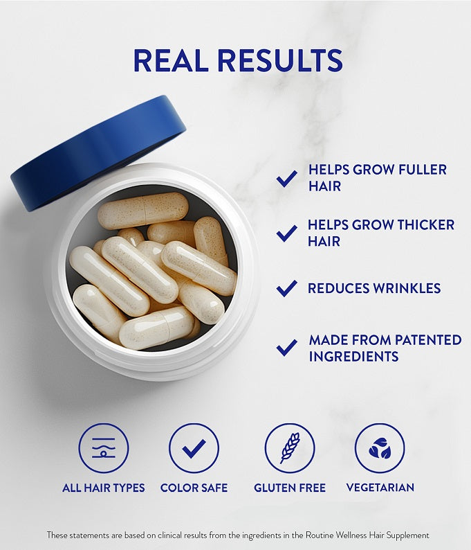 Hair growth supplement benefits list: fuller, thicker hair; reduces wrinkles; gluten-free