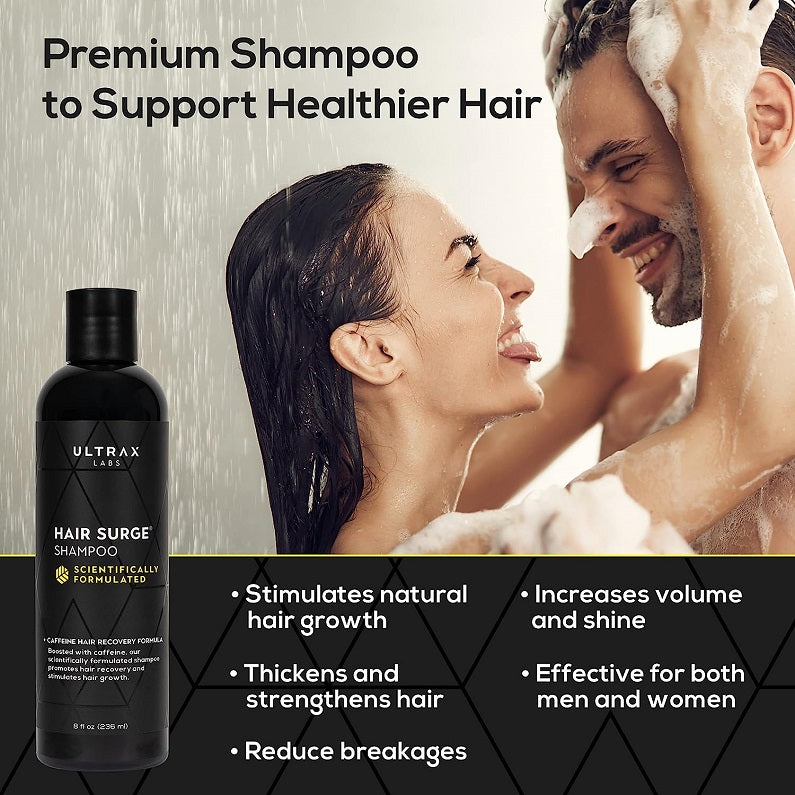 Shampoo bottle labeled Hair Surge, black bottle with Ultrax Labs branding