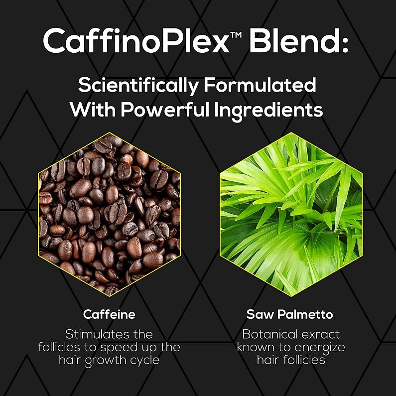 CaffinoPlex blend graphic showing caffeine and saw palmetto for hair growth
