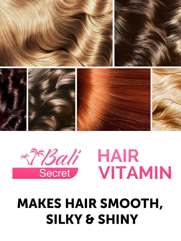 Hair vitamin serum label with “makes hair smooth, silky & shiny” text