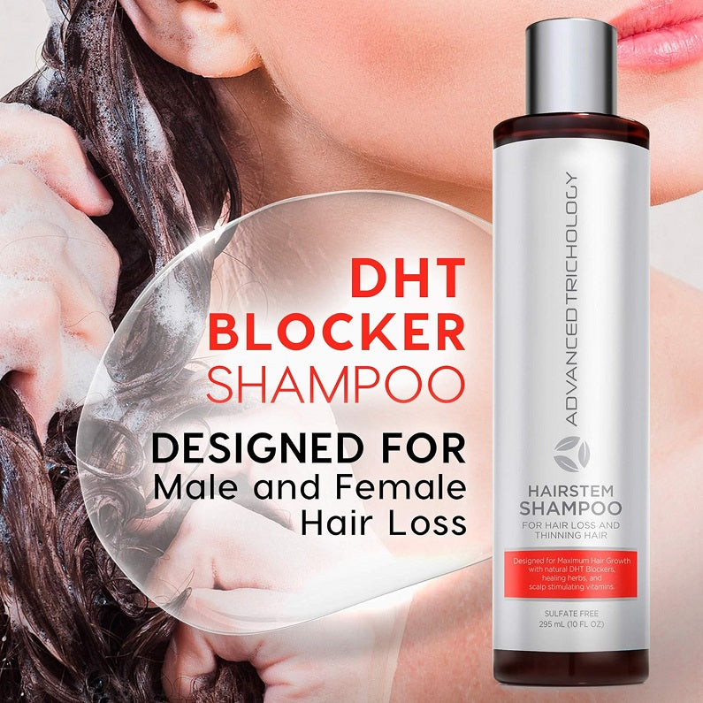 DHT Blocker shampoo bottle with silver cap, 295 ml, HairStem branding