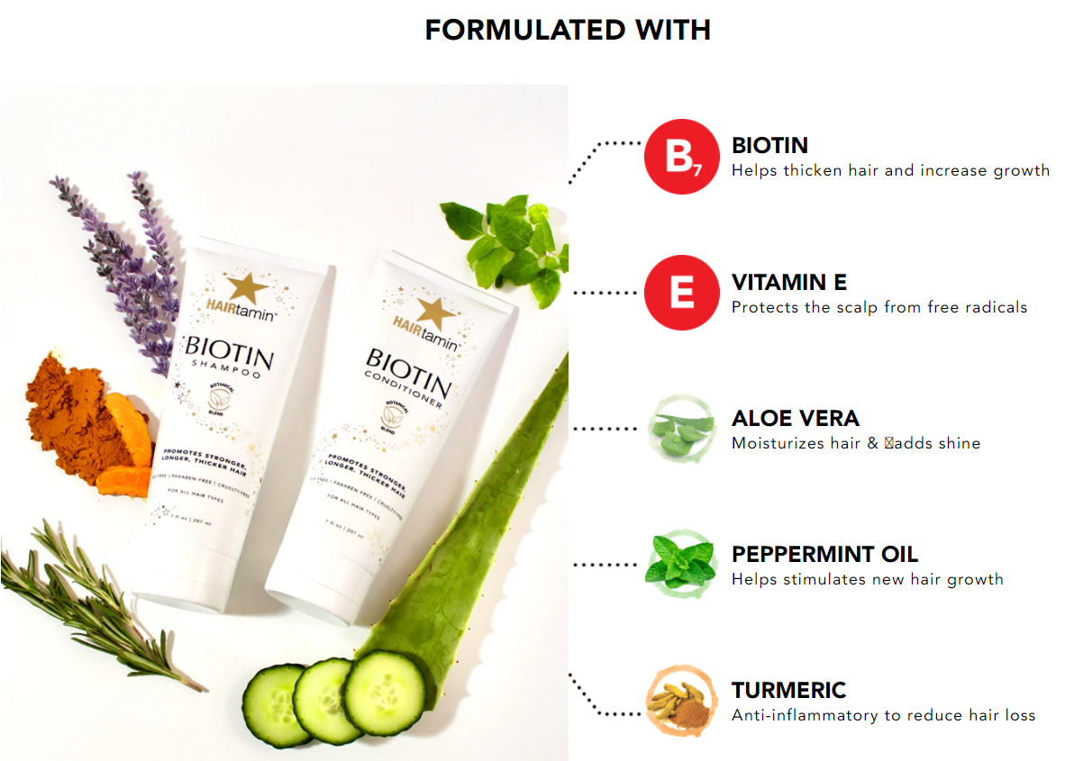 Hairtamin Biotin shampoo and conditioner bottles, white tubes