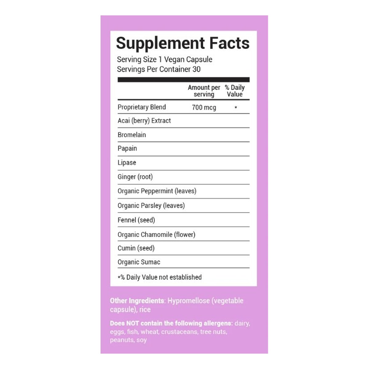 Hairtamin BLOATamin supplement facts panel with ingredients and daily serving info