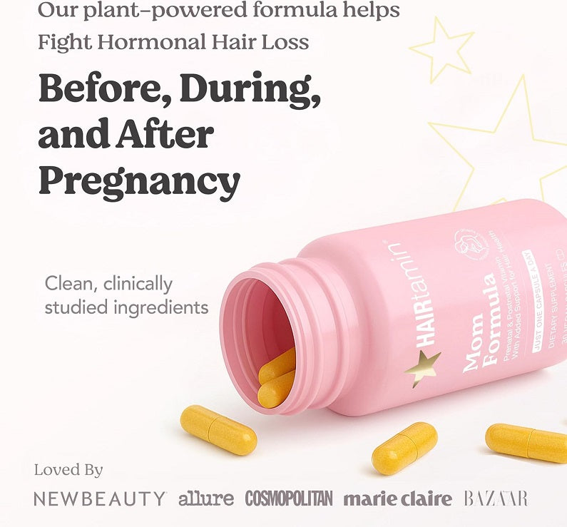 Pink prenatal & postnatal vitamin bottle with loose yellow capsules