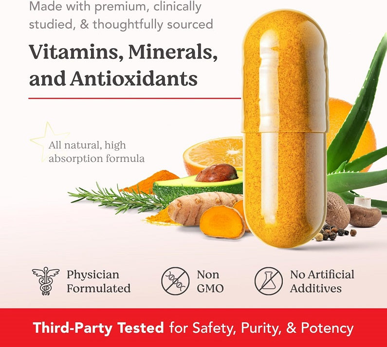 Golden vitamin capsule with surrounding natural ingredients and antioxidant icons