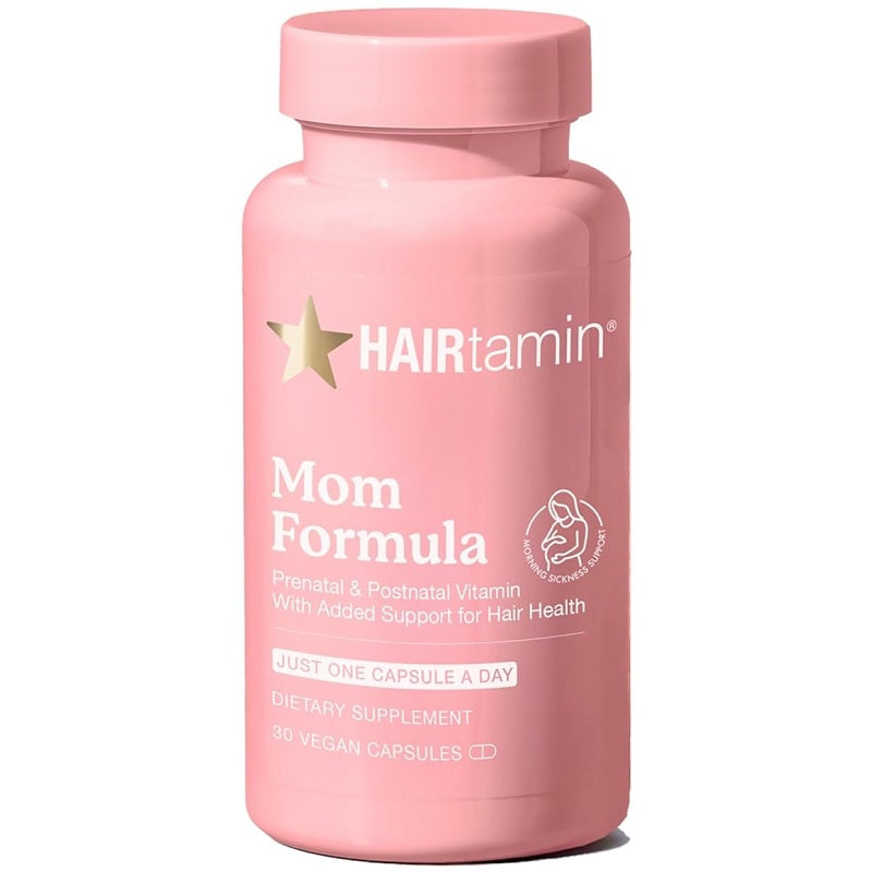 Pink prenatal vitamin supplement bottle labeled Mom Formula