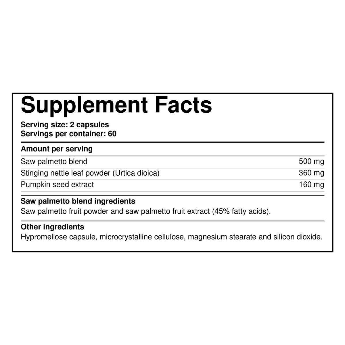 Dietary supplement facts label: 2-capsule serving, saw palmetto blend ingredients