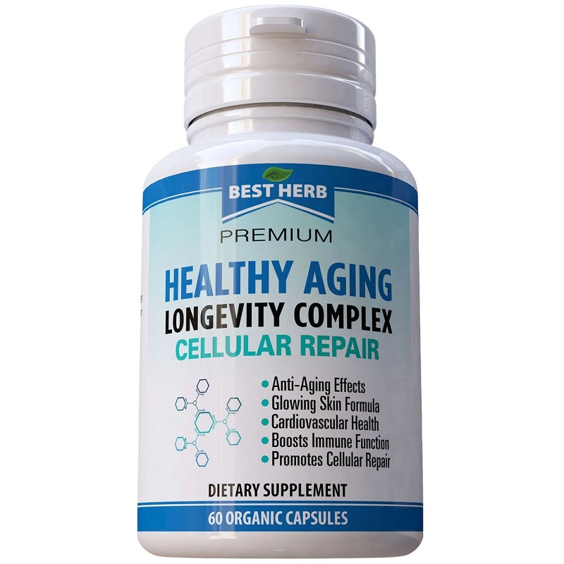 Herbal supplement bottle, Healthy Aging Longevity Complex, 60 organic capsules