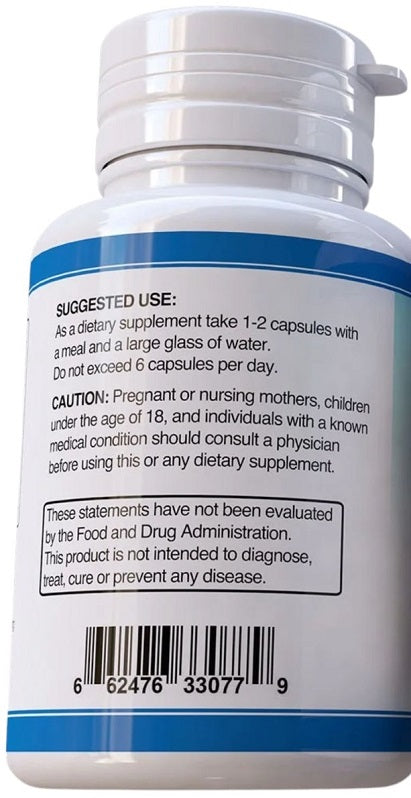 Herbal supplement bottle back label with suggested use and caution text