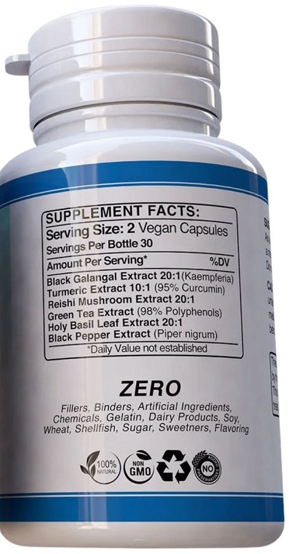 Herbal supplement bottle back label: Supplement Facts, Zero artificial ingredients
