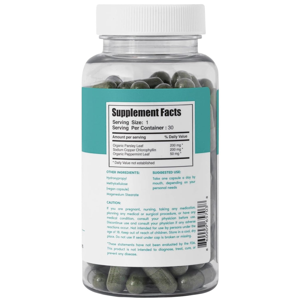 Chlorophyll capsules supplement bottle with dark green capsules and Supplement Facts label
