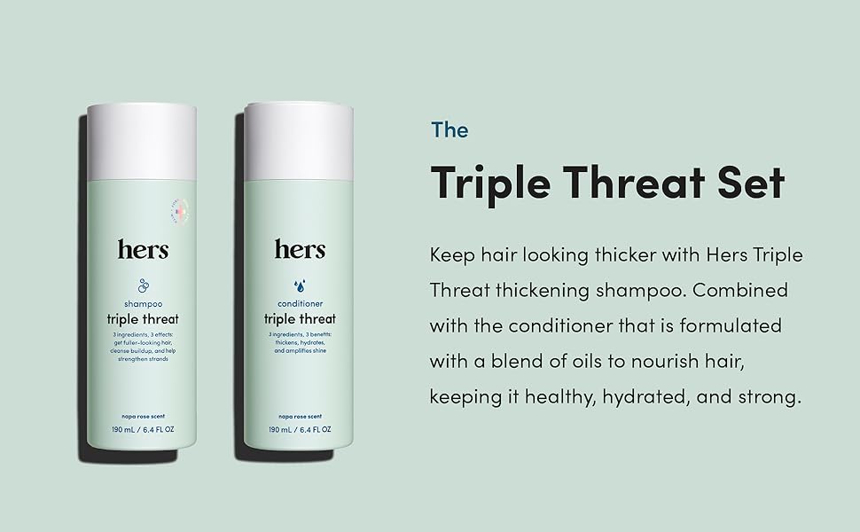 hers Triple Threat shampoo and conditioner bottles, two-pack set