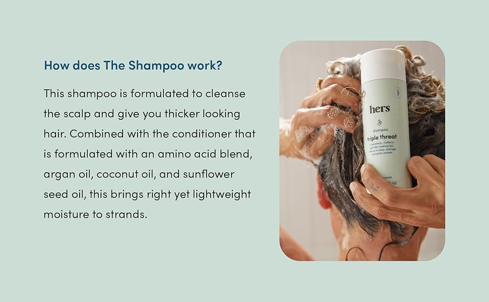 Shampoo bottle near lathered hair, hers Triple Threat formula