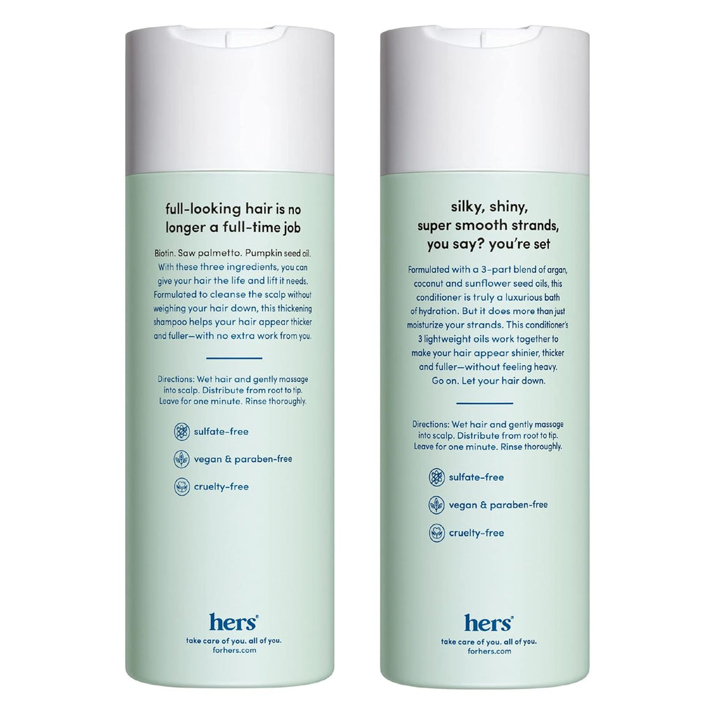 Two hers bottles showing label details and care directions
