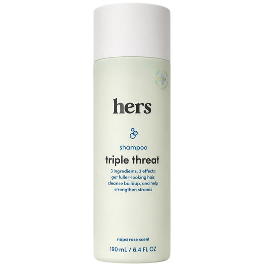 hers triple threat shampoo bottle, light green label, napa rose scent, 190 mL