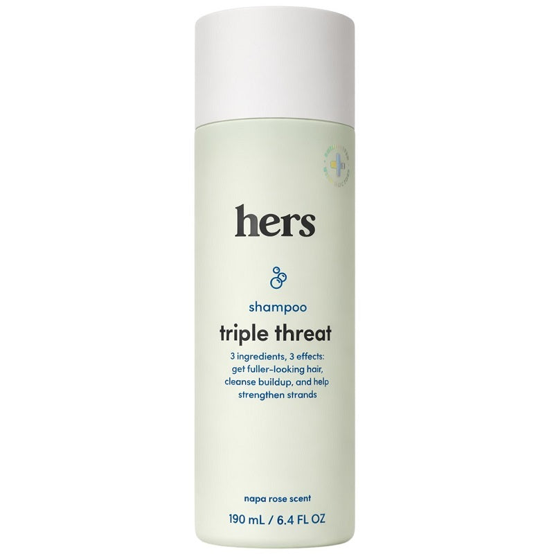 hers triple threat shampoo bottle, light green label, napa rose scent, 190 mL