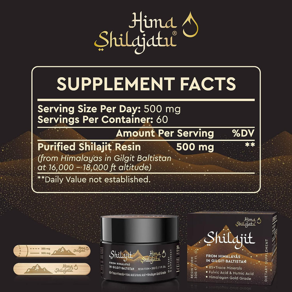Hima Shilajatu shilajit resin supplement jars and boxes with Supplement Facts label