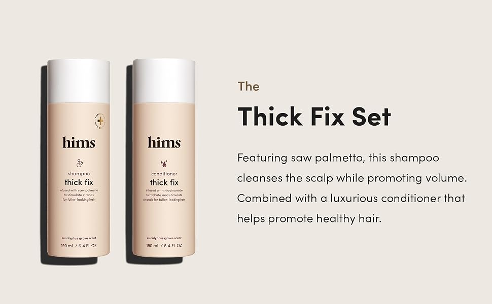 hims Thick Fix shampoo and conditioner set, two tall bottles with front labels