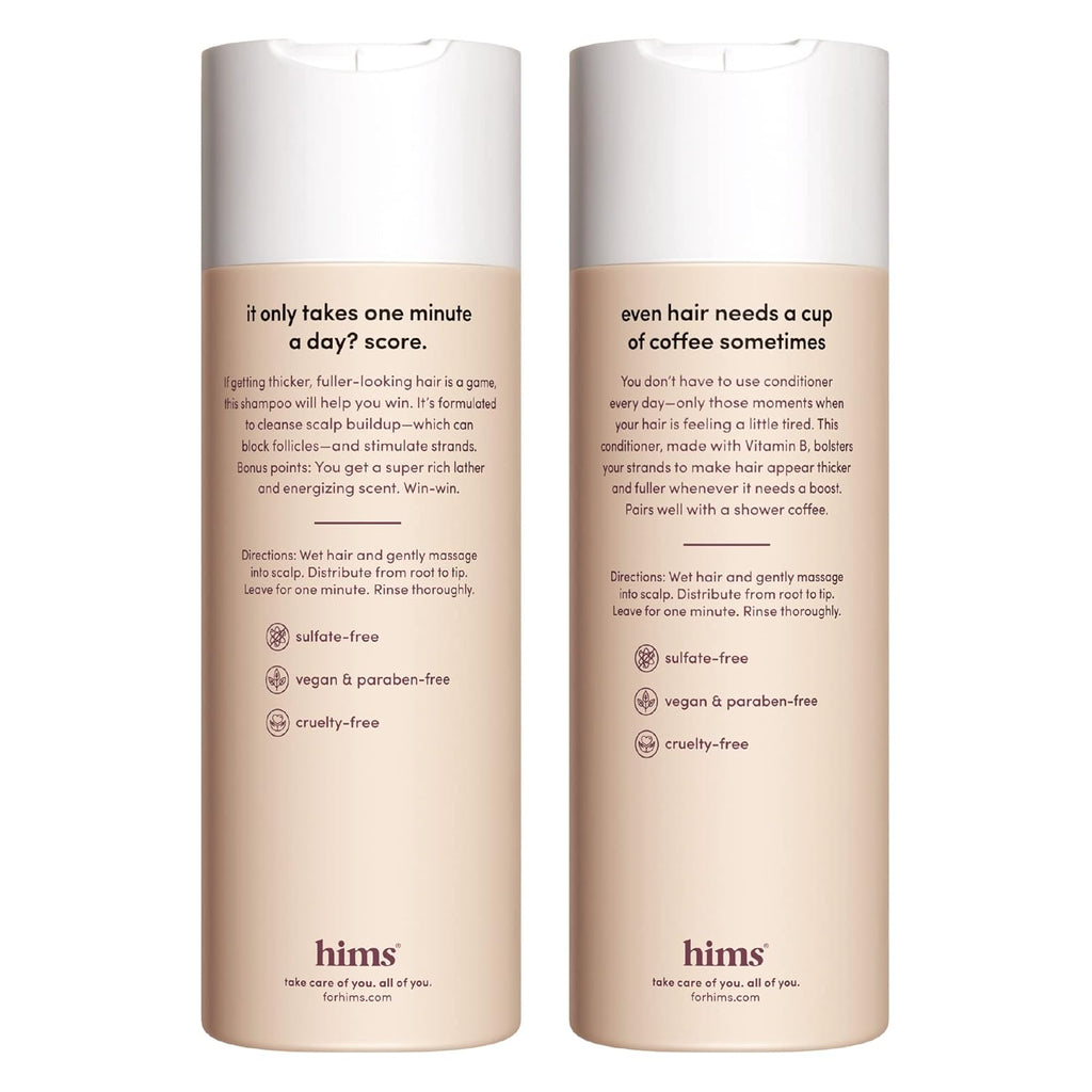 hims Thick Fix set, two tall bottles showing back labels and ingredient icons