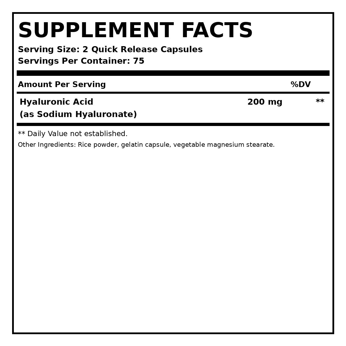 Hyaluronic acid 200 mg quick release capsules supplement facts label