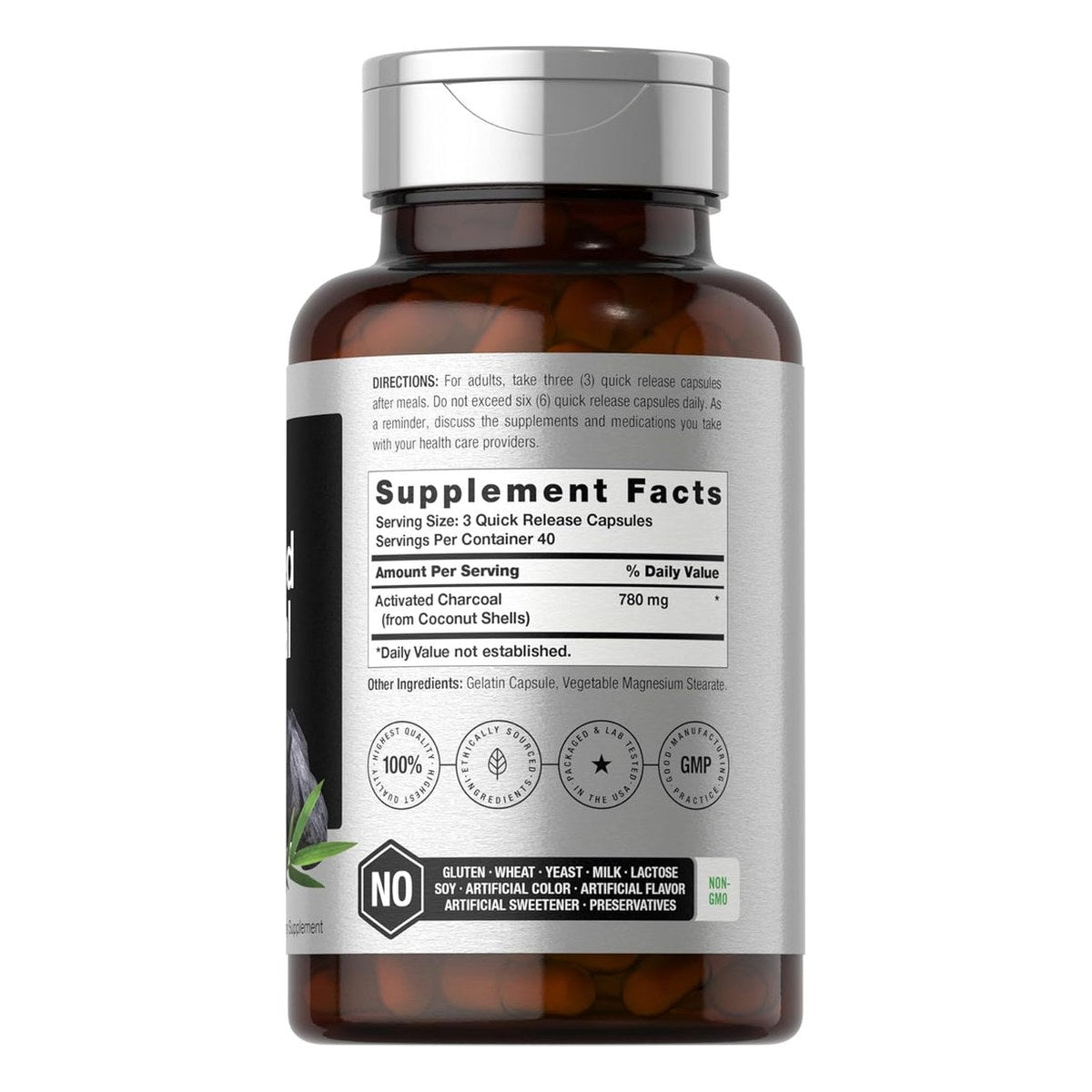 Horbaach activated charcoal supplement bottle, 780 mg, with Supplement Facts label