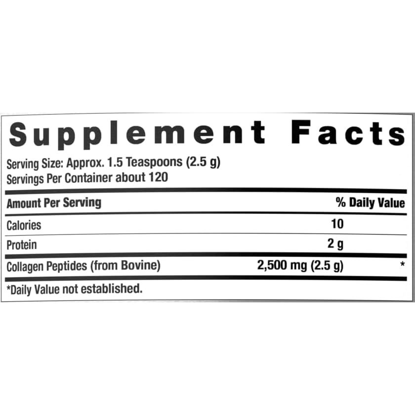 Supplement Facts panel on collagen peptide jar, listing 2,500 mg collagen peptides per serving.