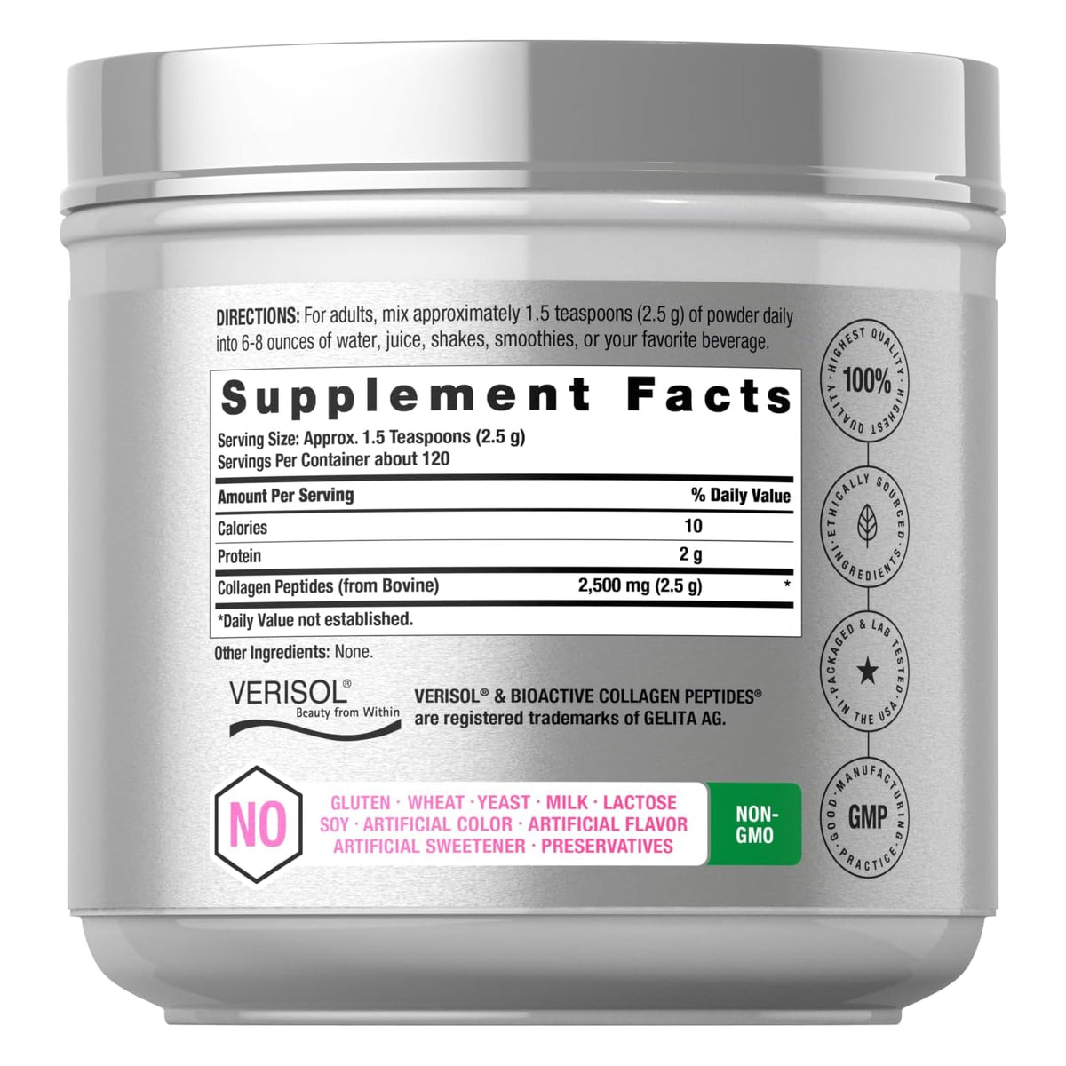 Collagen peptide supplement jar back label with serving directions and supplement facts chart.