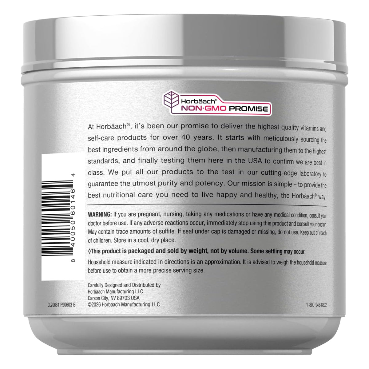 Collagen peptide supplement jar back panel with non-GMO promise and warning information.
