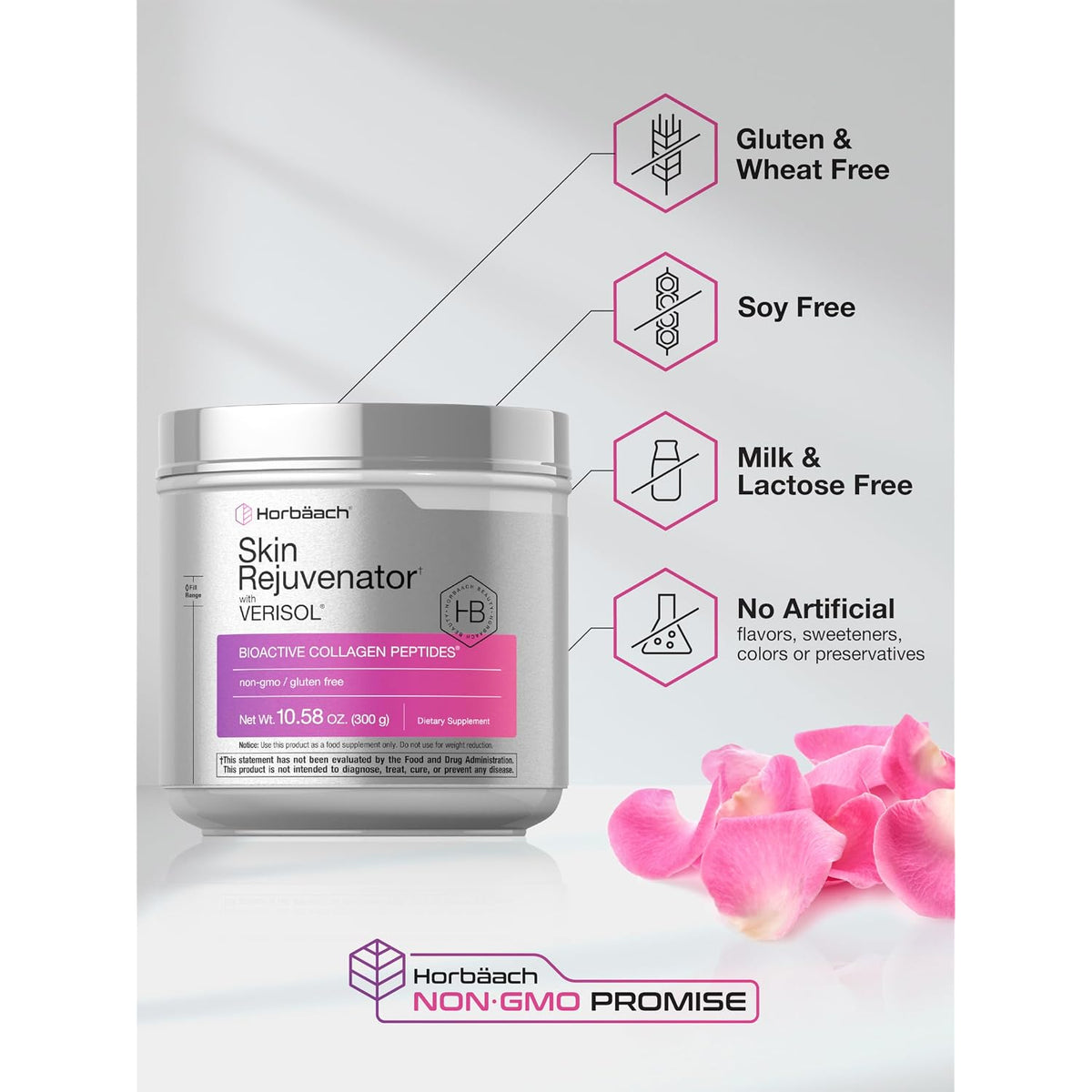 Collagen peptides supplement jar back label with gluten, soy, milk, and no-artificial icons.