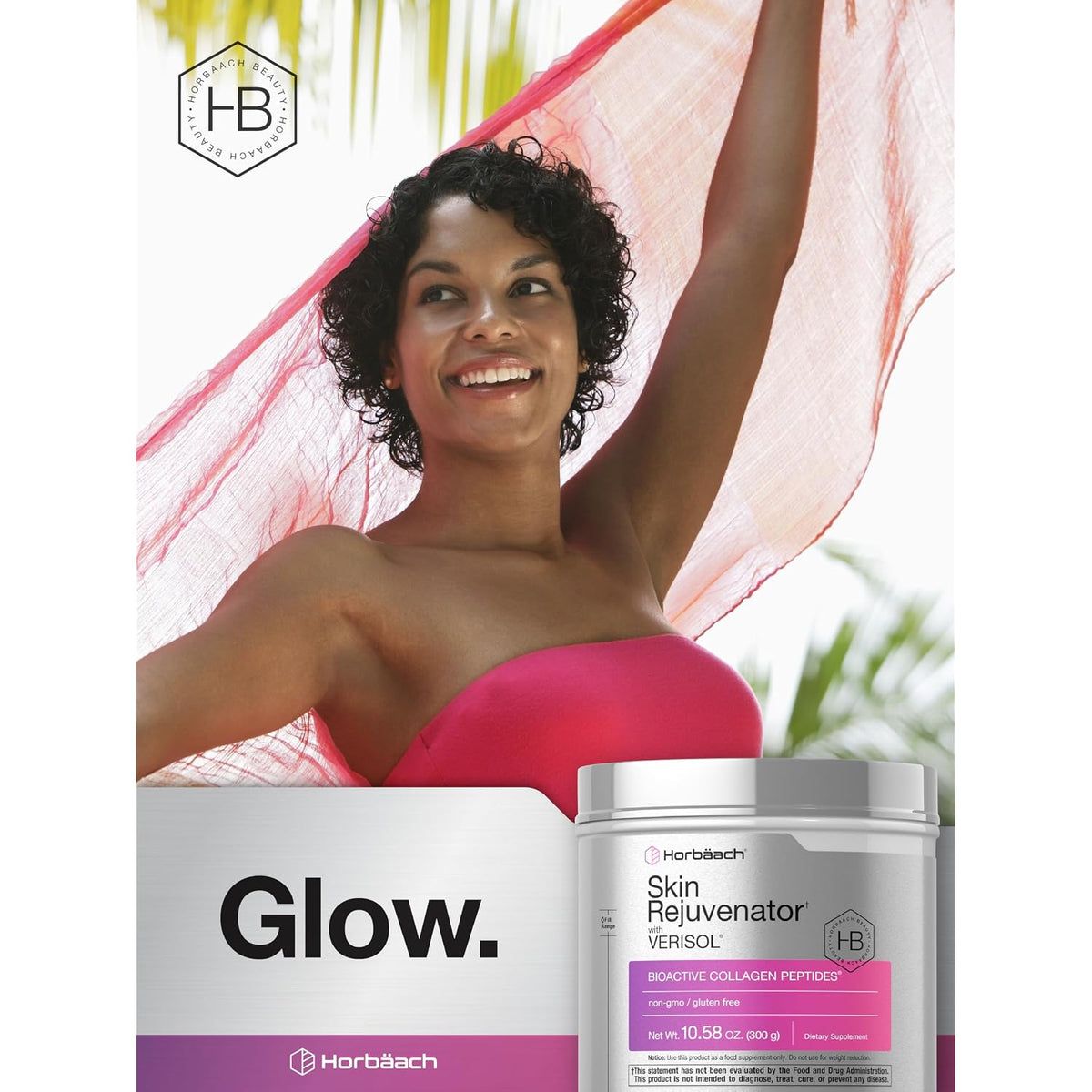 Silver collagen peptides supplement jar with pink label and 'Glow' banner text.