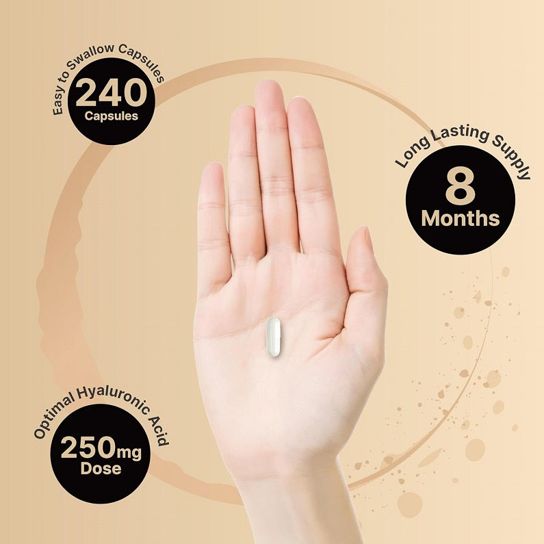 Hand holding a small capsule with 8 months and 250mg icons.