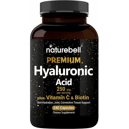 Hyaluronic Acid dietary supplement bottle with Vitamin C, 240 capsules.