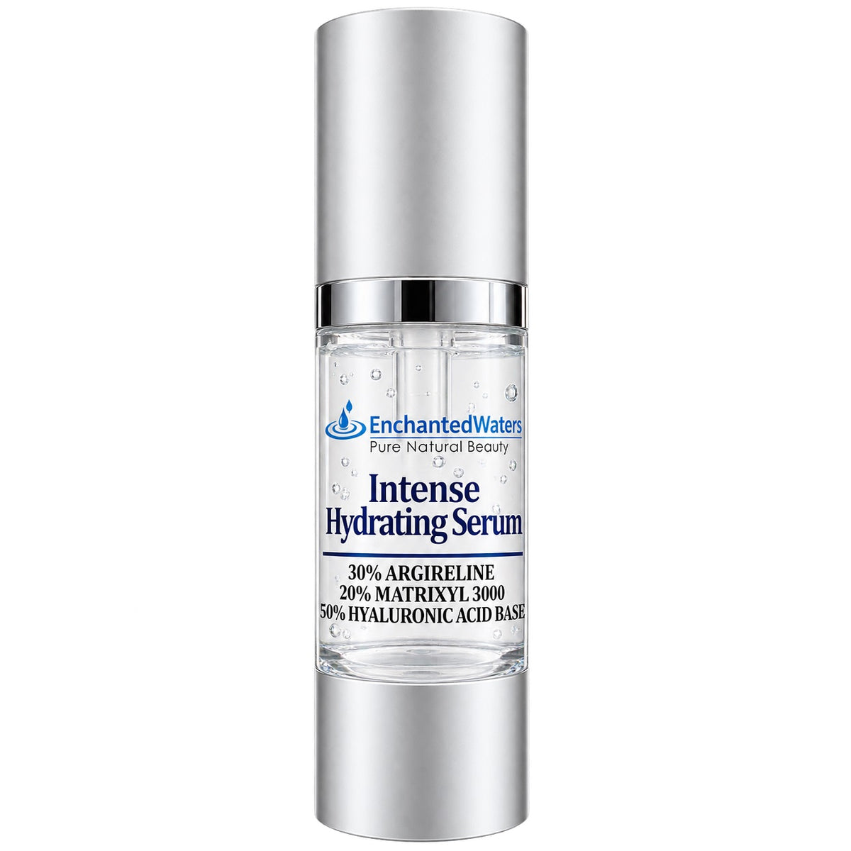 EnchantedWaters hydration serum bottle, clear gel in silver pump tube