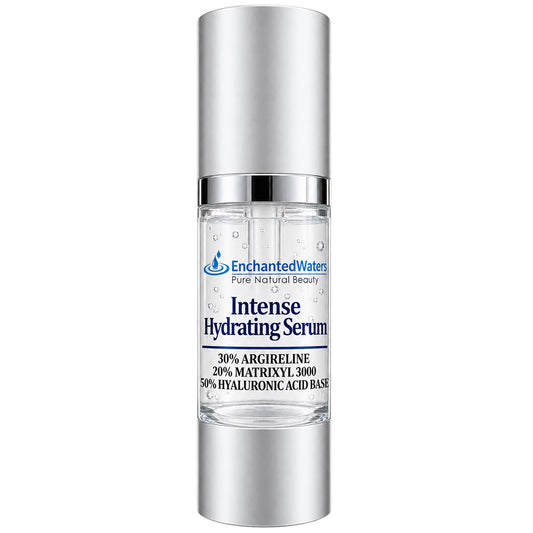 EnchantedWaters hydration serum bottle, clear gel in silver pump tube