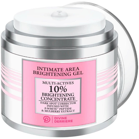 Intimate area brightening gel jar with silver body, white lid, pink label