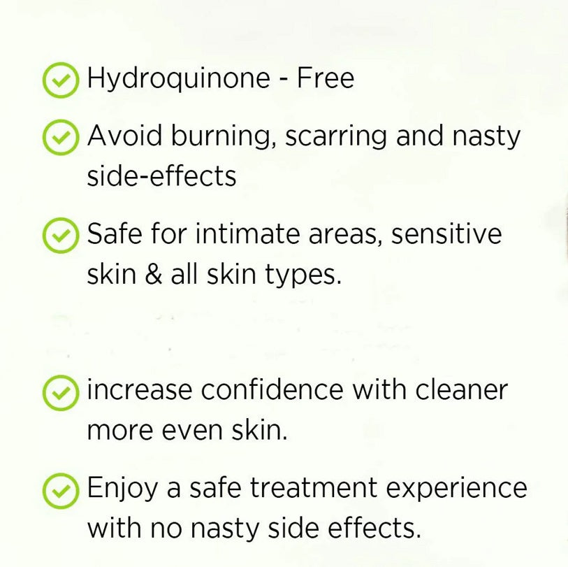 Hydroquinone-free checklist graphic for intimate area lightening gel with green checks