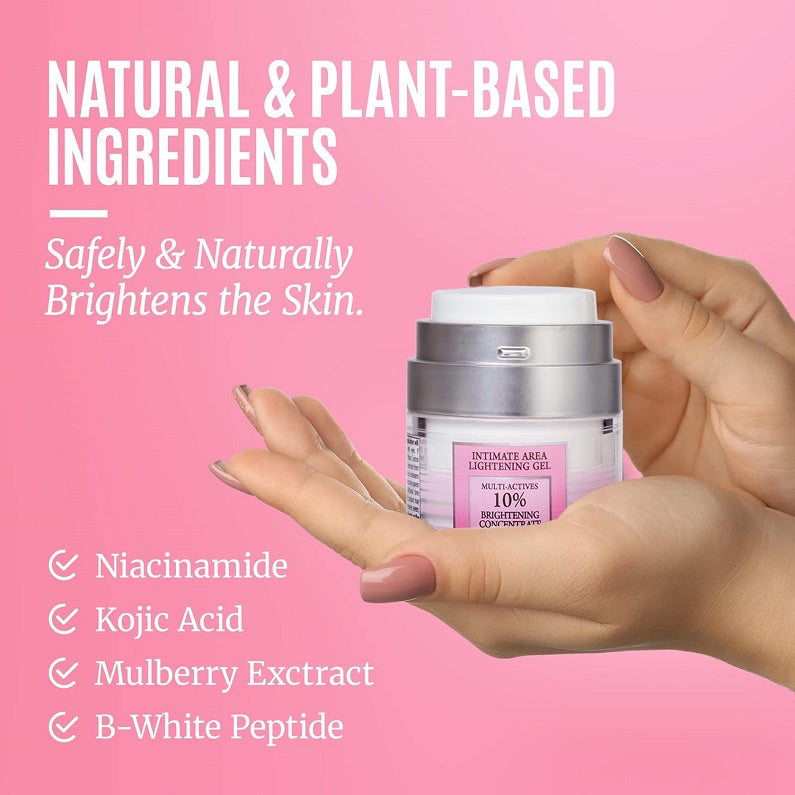 Intimate area brightening gel jar held in hand, silver canister with white cap