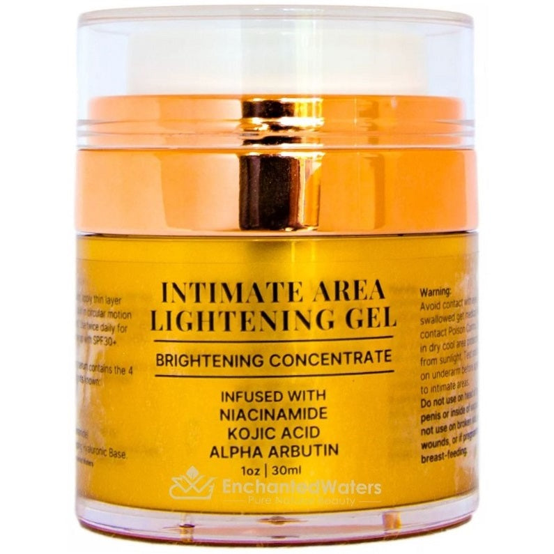 Intimate area brightening gel jar with amber orange gel and gold lid, 30 ml