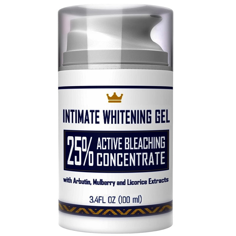 Intimate whitening gel bottle with chrome cap, label, and 3.4 FL OZ (100 ml) size