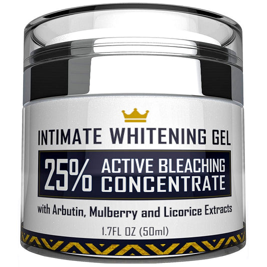 Intimate whitening gel jar with chrome lid and label showing 25% active bleaching concentrate