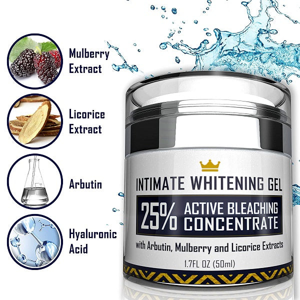 Intimate whitening gel jar with chrome lid and extract callouts beside the label